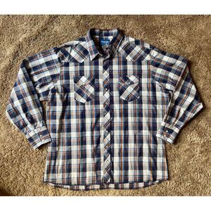 Vtg Mens Wrangler Western Shirt 2XT Blue Wht Orange Plaid Long Sleeve Pearl Snap
